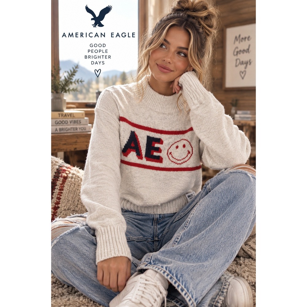 American Eagle Smiley World Mock Neck Sweater Gray Red AE Logo Graphic Small
